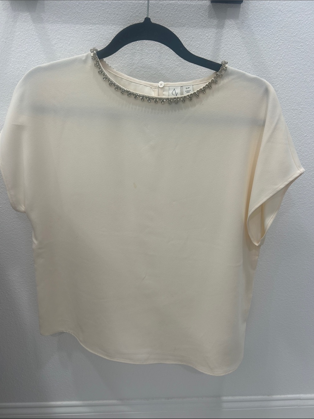 Joie Cream Short Sleeve Blouse with Beaded Neckline